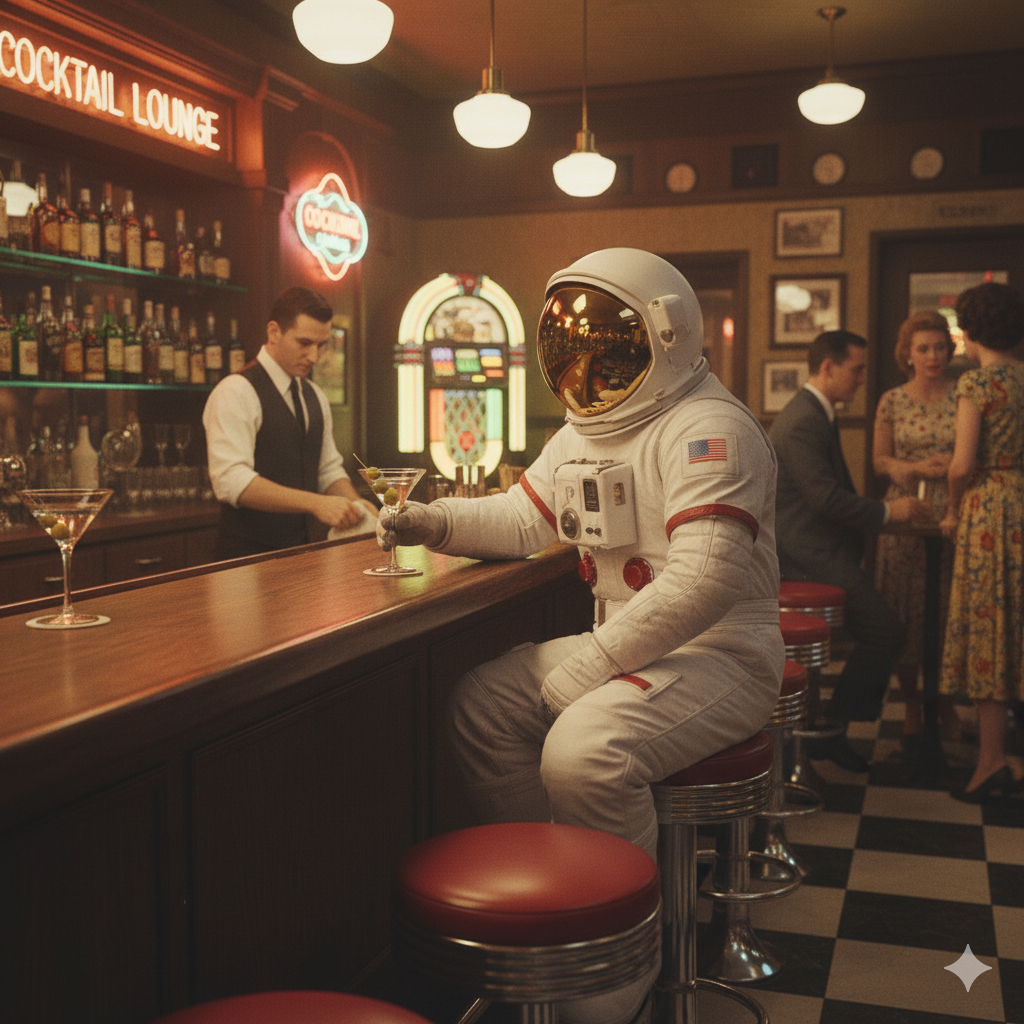 The Cocktail Orbit: Mid-Century Martini Graphic Tee Happy Hour in High Earth Orbit.