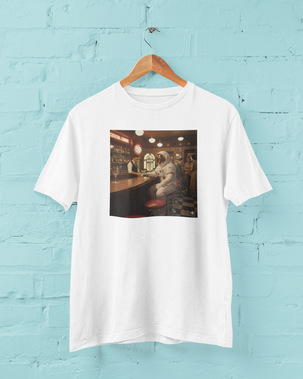 The Cocktail Orbit: Mid-Century Martini Graphic Tee Happy Hour in High Earth Orbit.