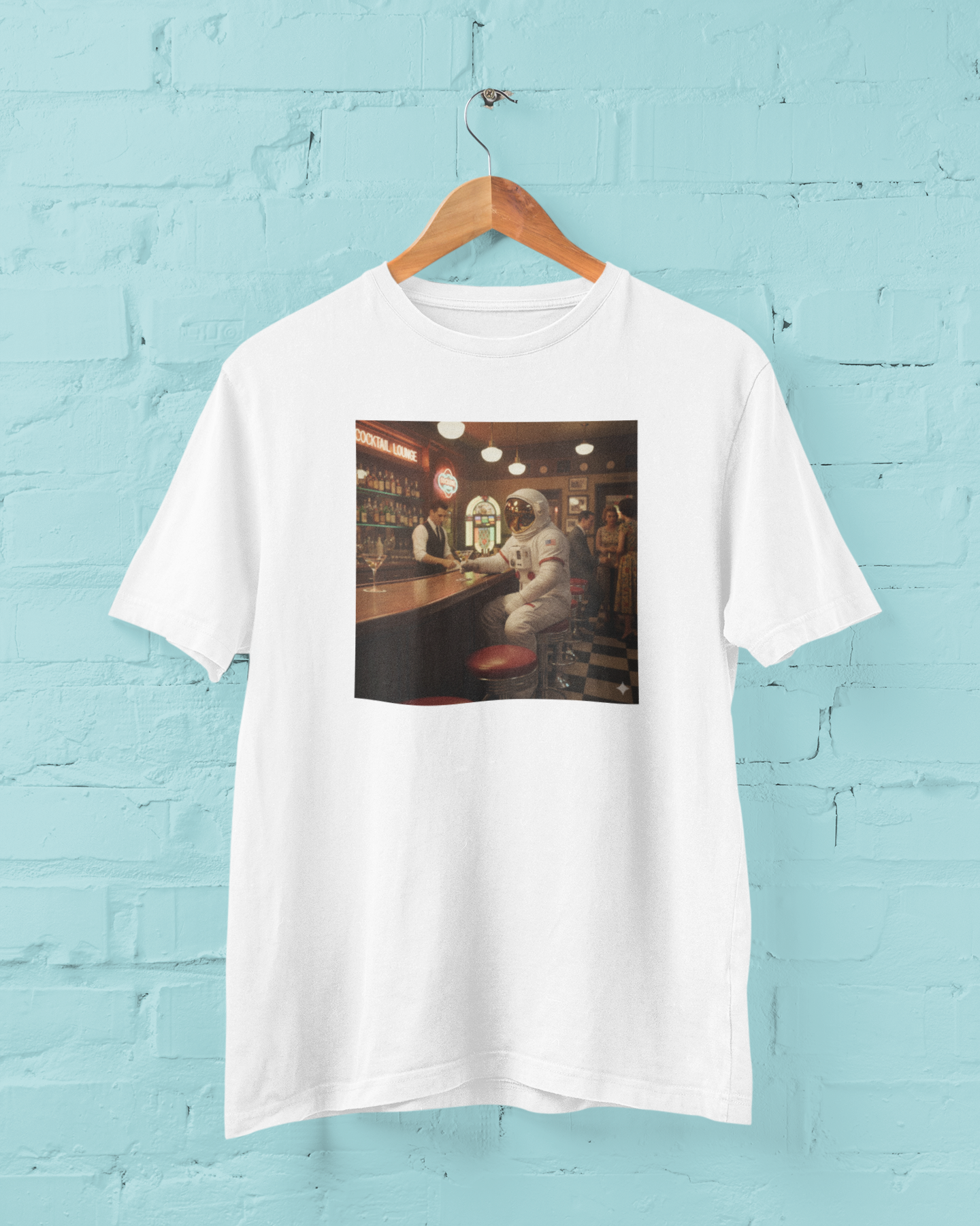The Cocktail Orbit: Mid-Century Martini Graphic Tee Happy Hour in High Earth Orbit.