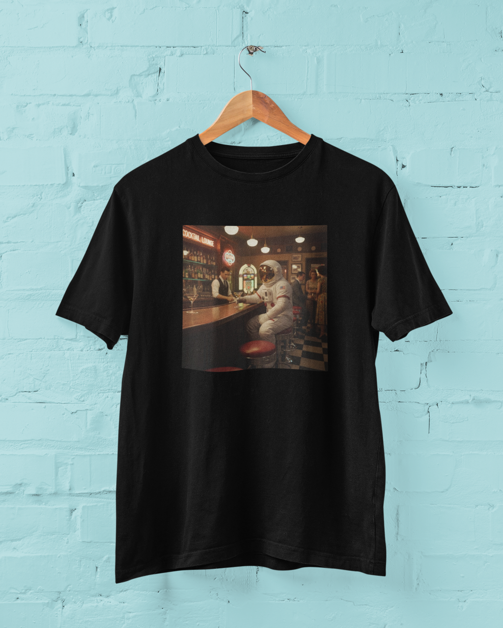 The Cocktail Orbit: Mid-Century Martini Graphic Tee Happy Hour in High Earth Orbit.